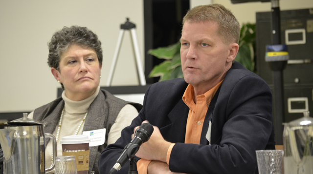 Southold Town Supervisor Scott Russell and Louise Harrison of Save the Sound at Tuesday's Plum Island forum. (Credit: Kelly Zegers)