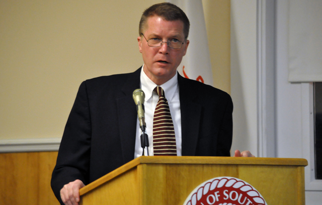Scott Russell responds to questions following his State of the Town address earlier this month. (Credit: Grant Parpan, file)