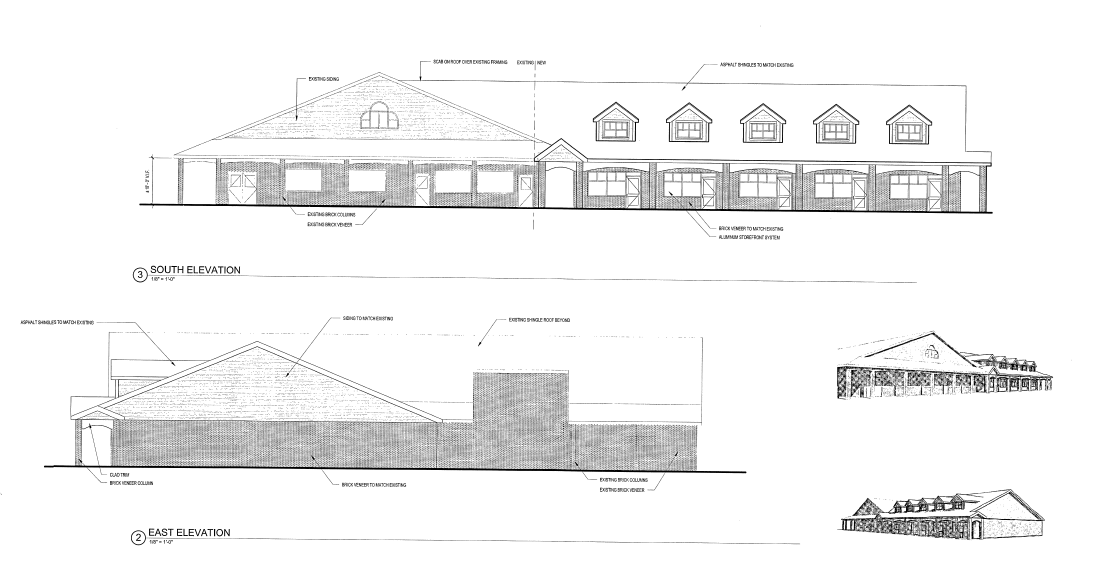 An architect's drawing of the front and side of the proposed retail building on Main Road in Cutchogue (Credit: Town of Southold records)