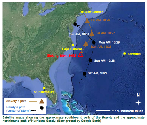 COURTESY MAP | A National Transportation Safety Board accident report map shows the last voyage of the Bounty.