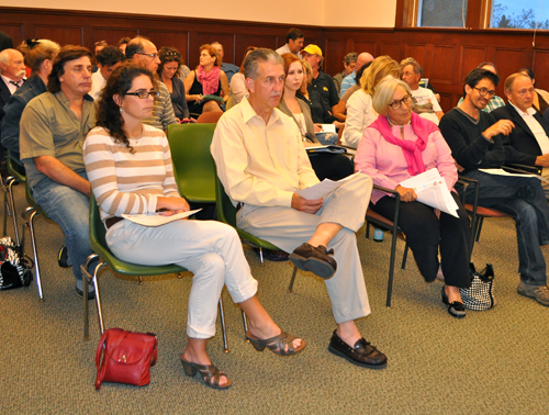 RACHEL YOUNG PHOTO | The audience listens as Joan Bischoff of the North Fork Promotional Council leads a forum Oct. 7 for Southold Town business owners on ways to extend the tourism season. 