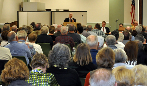 GRANT PARPAN PHOTO | Dr. Robert Walsh of Eastern Long Island Hospital speaks to a full house at the Southold Town Deer Forum at the recreation center in Peconic Thursday evening.