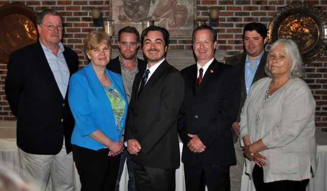 The Southold Town Democratic Committee's 2015 slate: (from left) Brian Hughes for Justice, Debra O'Kane for Town Board, Matt Kapell for Trustee, Damon Rallis for Supervisor, Albie de Kerillis for Town Board, Nick Krupski for Trustee and Linda Goldsmith for Assessor. (Credit: Grant Parpan)