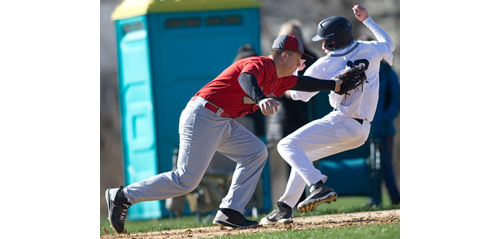 Stony Brook's Ben Walter steals second base while Southold second baseman Patrick McFarland applies the tag. (Credit: Garret Meade)