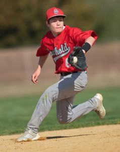 GARRET MEADE PHOTO | Southold second baseman Sean Moran backhanded this ground ball but was unable to make a play on it.