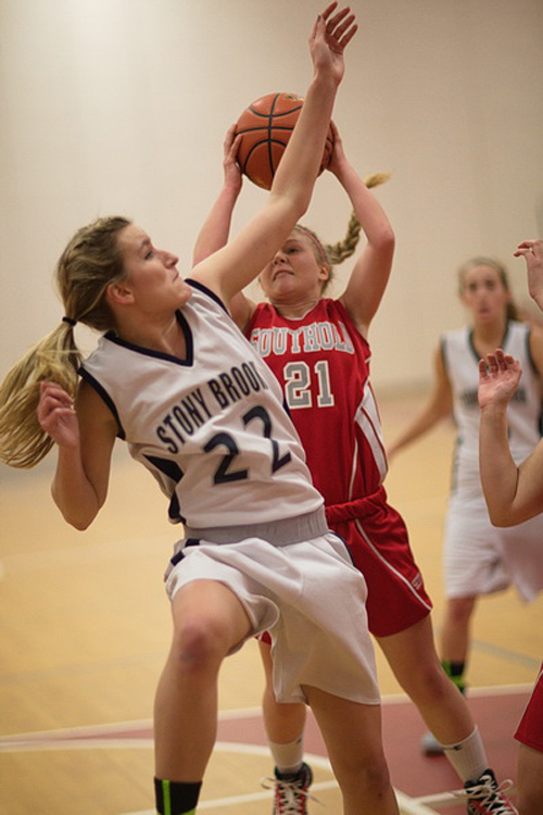 GARRET MEADE PHOTO | Stony Brook's Allie Damianos defending against Southold's Justina Babcock.