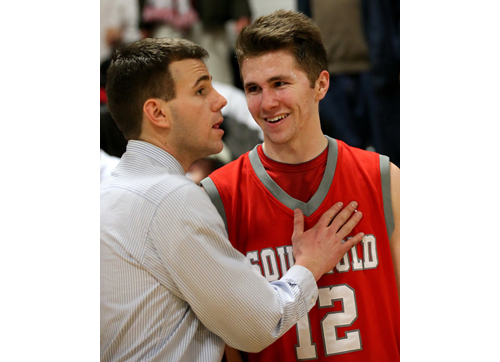 Pierson coach Dan White consoles Southold senior Liam Walker following Walker's final game for the First Settlers. (Credit: Garret Meade)