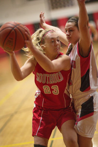 GARRET MEADE PHOTO | Southold senior Michaela Christman, who is tightly defended by Pierson/Bridgehampton's Abby Ruiz, sat out almost her entire junior season with a knee injury.