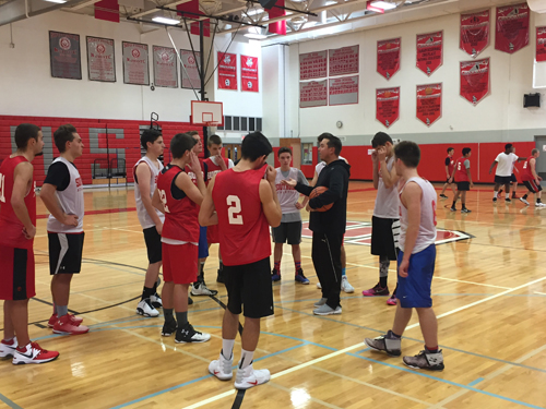 The Southold boys basketball team at a recent practice. (Credit: Bob Liepa_