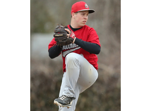 Southold's starting pitcher, Alex Poliwoda, allowed one earned run and five hits over five innings against Hampton Bays. (Credit: Daniel De Mato)