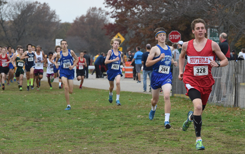 Southold junior Owen Klipstein led the pack early before finishing second in the Class D race at the Section XI Championships on Friday. (Credit: Robert O'Rourk)