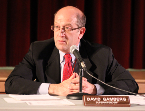 JENNIFER GUSTAVSON FILE PHOTO | Southold Union Free School District superintendent David Gamberg at a board of education meeting earlier this year.