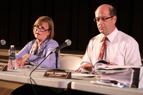 Southold School District Superintendent David Gamberg, right, and school board president Paulette Ofrias at a school board meeting earlier this year. The state released Wednesday an audit of the district's finances.