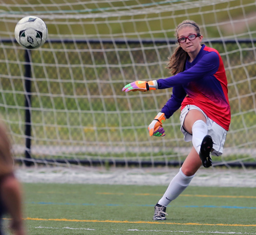 Southold/Greenport goalkeeper Haley Brigham taking a goal kick during last Thursday's game against Comsewogue at Diamond in the Pines. (Credit: Daniel De Mato)