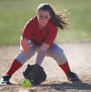 GARRET MEADE PHOTO | Southold/Greenport shortstop Caitlin Grilli was the picture of focus while fielding this ground ball.