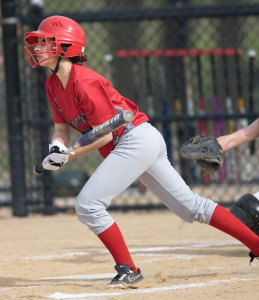 GARRET MEADE PHOTO | Irene Raptopoulos of Southold/Greenport watching the single she slapped to start the game.