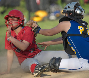 GARRET MEADE PHOTO | Southold/Greenport's Jessica Rizzo was tagged out at home plate by Mattituck catcher Brittany Tumulty for the game's final out.
