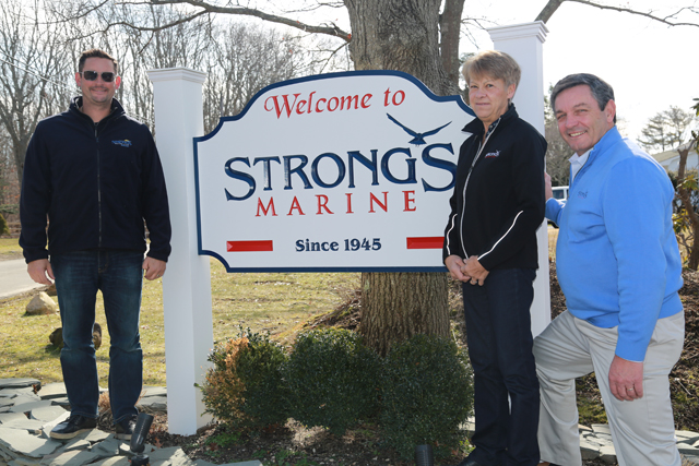 From left: Ryan, Re and Jeff Strong at their marina and showcase room in Mattituck. (Credit: Kelly Zegers)