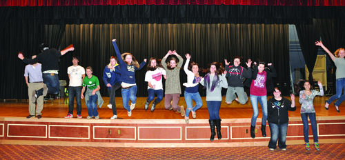 Southold High School students jump from the stage on which they’ll perform next Friday, March 4, in a talent showcase to raise funds for the junior-senior prom. The event will also feature a concert by the Long Island band GRECO, and student performers will get to meet band members after the show. The concert starts at 7 p.m.; tickets ($5, plus a can of food for a local food bank) can be bought in the high school’s main office.