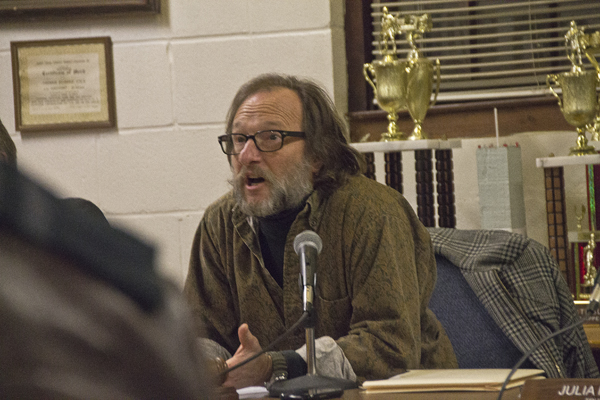 Greenport Mayor David Nyce calls for order at Monday night's Village Board meeting. (Credit: Paul Squire)