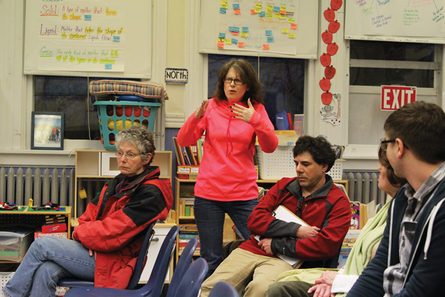 New Suffolk parent Mary Steinfeld expresses concern during the district's meeting Tuesday night.  (Credit: Jen Nuzzo)