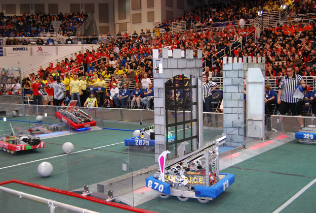 Team R.I.C.E. 870's robot in action at a packed Hofstra University arena Saturday. (Credit: PRMG New York)
