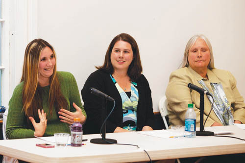KATHARINE SCHROEDER PHOTO | Krista de Kerillis, (from left) Alison Lyne and Linda Goldsmith take questions at the Meet the Candidate gathering on Monday in Orient.