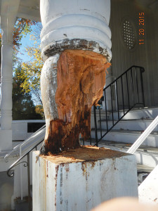 Once Mr. Tillman began destroying the original column, the degree of wood rot became even more clear in late November (see below photo).