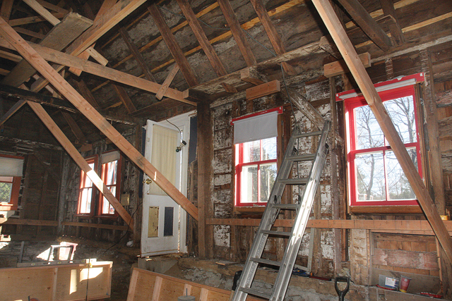 The interior of the 900-square-foot house in Southold has been gutted. (Credit: Barbaraellen Koch)