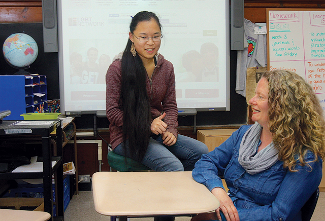 Mattituck High School junior McKenzi Murphy with special education teacher and Unity Club advisor Mary Roberts last Monday afternoon at the school. The club changed its name from Gay-Straight Alliance because it felt Unity Club was more inclusive, Ms. Roberts said. (Credit: Barbaraellen Koch)