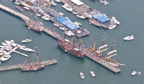 The Tall Ships in Greenport Harbor from an aerial view in  2012. (Peter Boody photo)