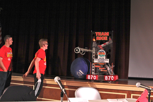 Southold High School students demonstrating their robotics club's project, Team RICE 870. (Credit: Jennifer Gustavson)
