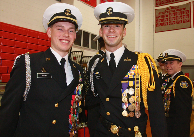 Cadet T.J. Behr and Cadet Captain Greg Sheryl of Mattituck are all smiles after the inspection.