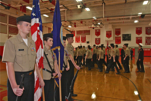 Southold-Mattituck-Greenport Navy Junior Reserve Officer Training Corps color guard.