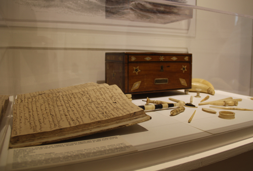 This exhibits shows scrimshaw — folk art engravings and carvings done in bone — created by sailors while out at sea. Whaling captain’s logs were opened on display, telling the tales of their ships at sea. 