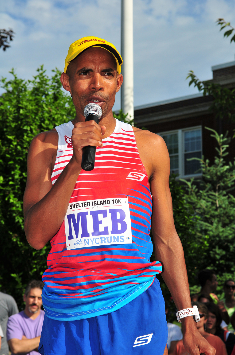 Boston Marathon winner Meb Keflezighi addressed the crowd at the start of the race. The 39-year-old lives in San Diego with his wife and three children. (Credit: Bill Landon)