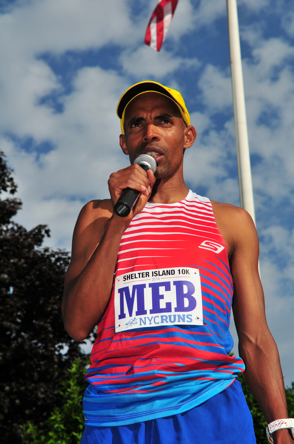 Boston Marathon winner Meb Keflezighi addressed the crowd at the start of the race. The 39-year-old lives in San Diego with his wife and three children. (Credit: Bill Landon)