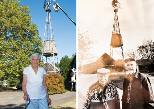 Lorna Tuthill of Southold said her husband, Donald, restored the windmill in 1985. Donald (right) was pictured with his father Harold during the last restoration. (Credit: Katharine Schroeder/File photo)