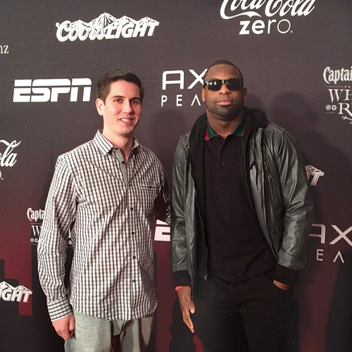 Local sports agent Brian McLaughlin, left, at the ESPN Super Bowl Party this February with client Steve Beauharnais, a linebacker for the New England Patriots. (Credit: Courtesy photo)