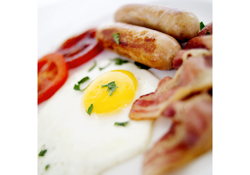 Fried Eggs Bacon and Sausages on a Plate