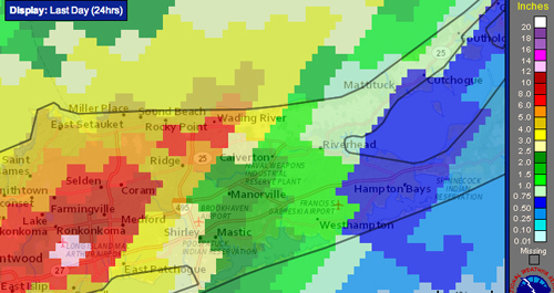 A National Weather Service map from this morning showed the heaviest rain hit western Suffolk County. Southold Town was spared any flooding.