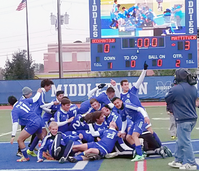 The celebration was on after Mattituck's 3-0 win over Beekmantown in the Class B state finals Saturday morning in Middletown. (Credit: Michael Lewis)