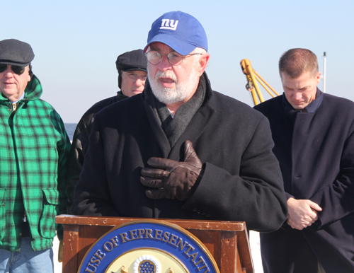CARRIE MILLER PHOTO | Congressman Tim Bishop discussing the dredging of Mattituck Inlet Friday morning.