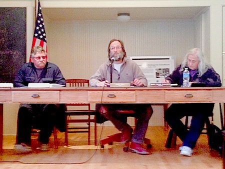 Greenport Village Mayor David Nyce (center) discussing his proposed spending plan  at the Little Red Schoolhouse earlier this month. (Credit: Cyndi Murray)