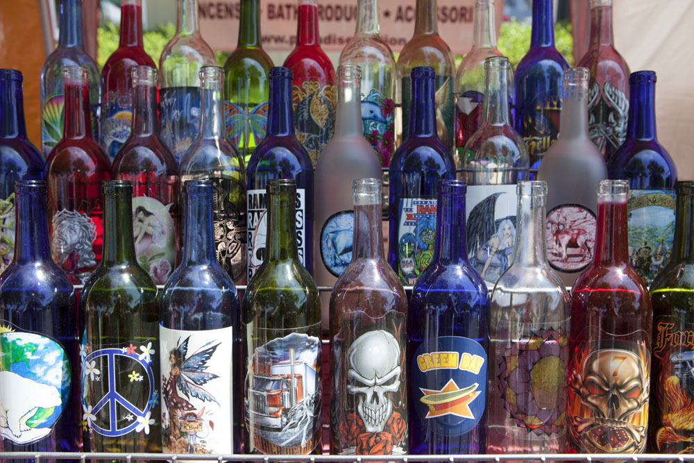 Decorated wine bottles for sale. (Credit: Katharine Schroeder)