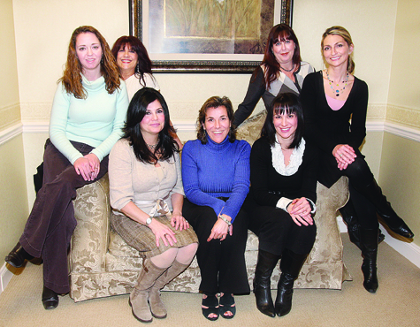 Back row, from left: Dawn Bozuhoski, marketing; Cyndi Dwyer, billing; front desk/surgical coordinator Joan Schrader; and aesthetician Charlene Bloss. Front row: aesthetician Tara Pedone, physician and owner Judy Ann Emanuele, M.D., and practice manager Alison Manuel.